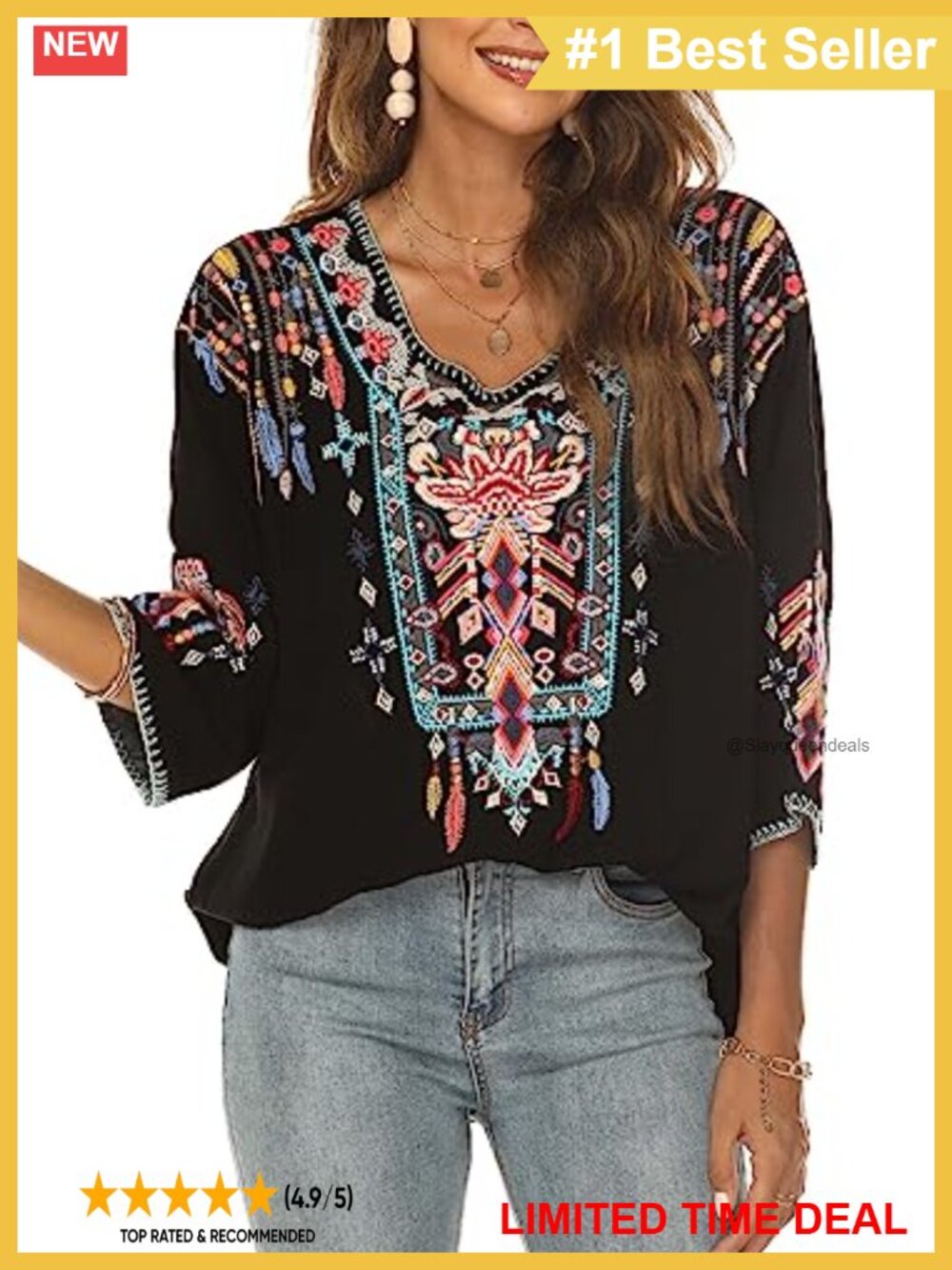 Mexican Embroidered Rayon Peasant Tunic Top 3/4 Sleeve Boho Blouse